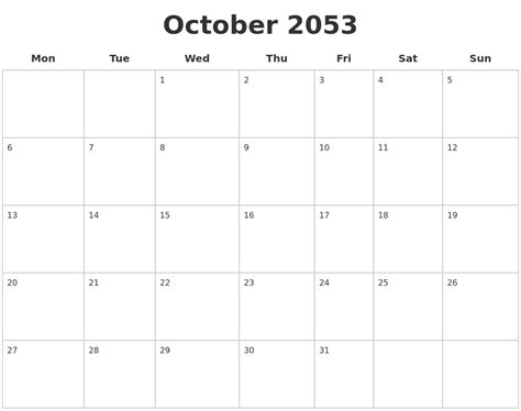 October 2053 Blank Calendar Pages