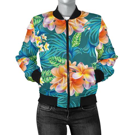 Plumeria Tropical Flower Design Print Women Bomber Jacket Jorjune