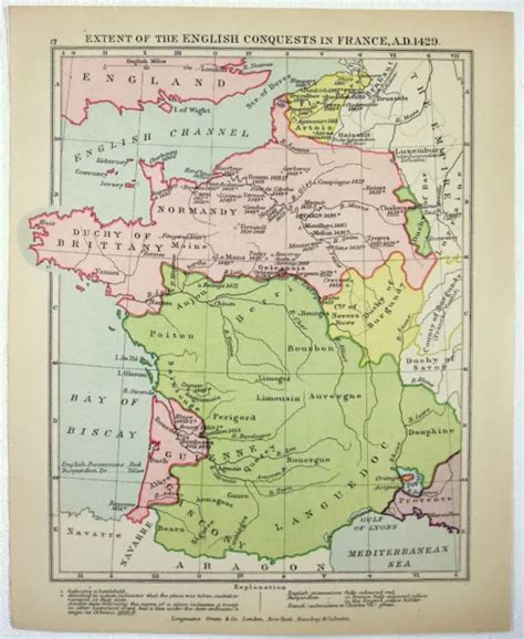Vintage Longmans Map Of English Conquests In France In The Year 1429