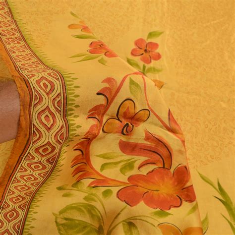 Vintage Sari 100 Pure Silk Sarees Saffron Printed 5yd Floral Craft