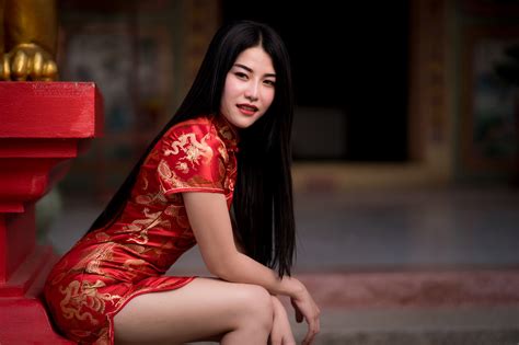 Wallpaper Asian Women Model Long Hair Black Hair Chinese Dress