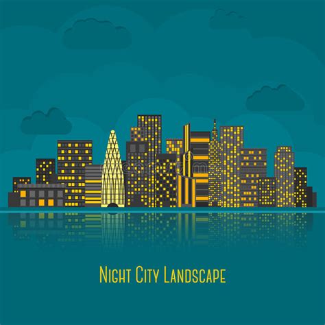 Modern Big City Night Landscape With Reflection In Stock Vector