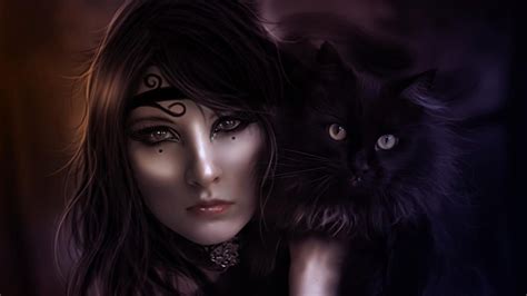 Dark Lady With Black Cat Fantasy Art Women Female Art Fantasy Women