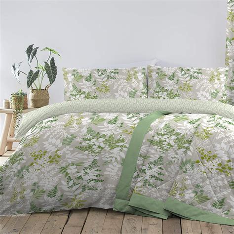 Natural White And Green Botanical Floral Print Duvet Cover Bed Set Or