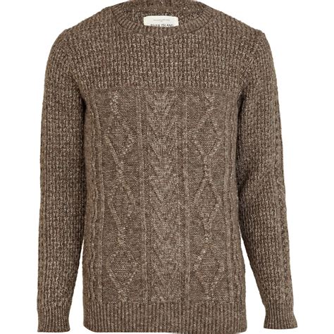 River Island Light Brown Chunky Cable Knit Sweater In Brown For Men Lyst
