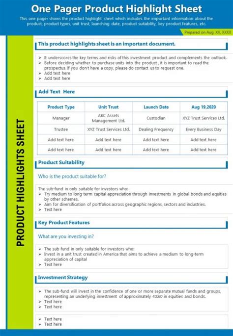 One Pager Product Highlight Sheet Presentation Report Infographic Ppt