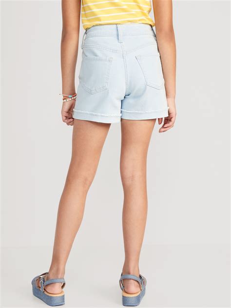 High Waisted Button Fly Rolled Frayed Hem Jean Midi Shorts For Girls
