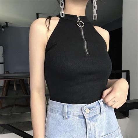 Itgirl Shop Front Zipper Ring Black Sleeveless Crop Top Aesthetic Apparel Tumblr Clothes Soft