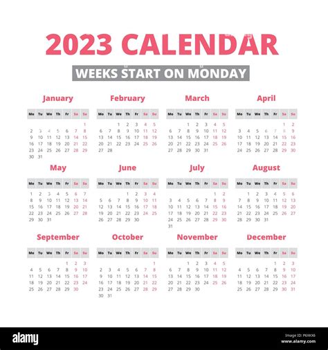 2023 Year Calendar With The Week Starting On Monday A Printable