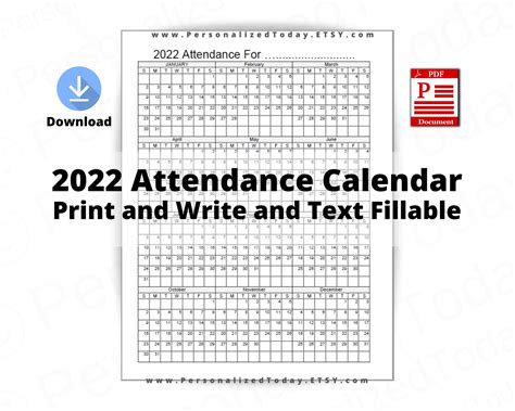 2022 Yearly Attendance Calendar Fillable And Print And Write Etsy In