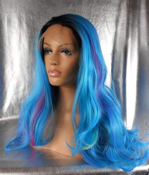 Lace Front Heat Resistant Blue Mixed Colors Long Wig Long Wigs Lace