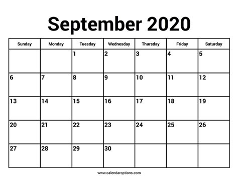 september  calendars calendar options