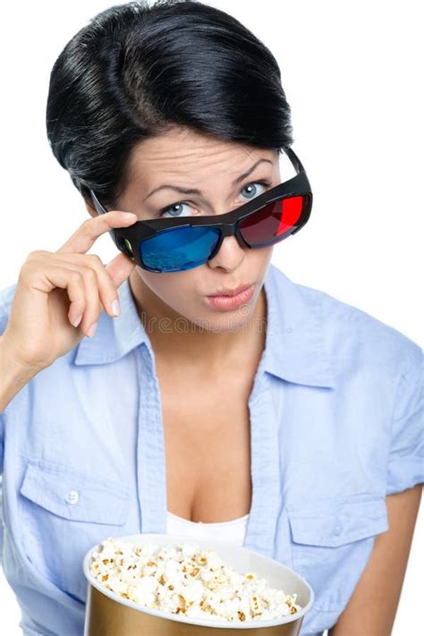 Girl In 3D Glasses Watching Film With Bowl Of Popcorn Stock Photo