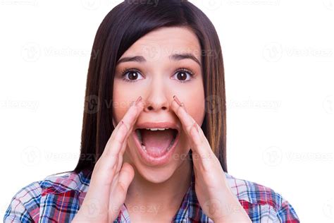 Sharing Fresh News With You Surprised Young Woman Shouting While