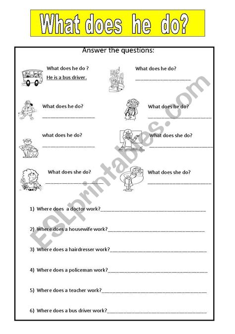 English Worksheets What Does He Do Jobs