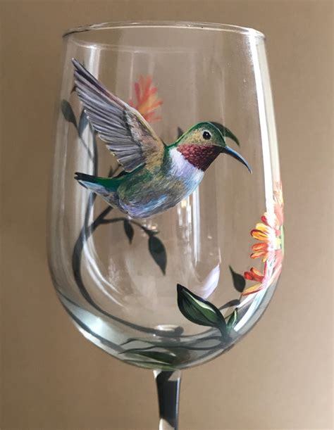 Hummingbird Wine Glass Hand Painted Floral Tree Summer Bird Etsy