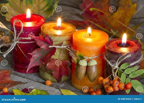Autumn Candles With Leaves Vintage Abstract Still Life Stock Photo