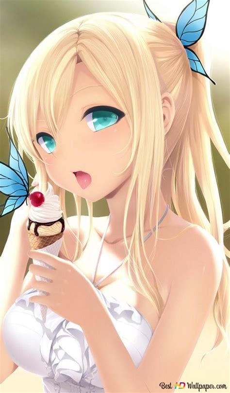 Blonde Blue Eyed Anime Beautiful Girl Posing In White Dress And Butterflies 2k Wallpaper Download