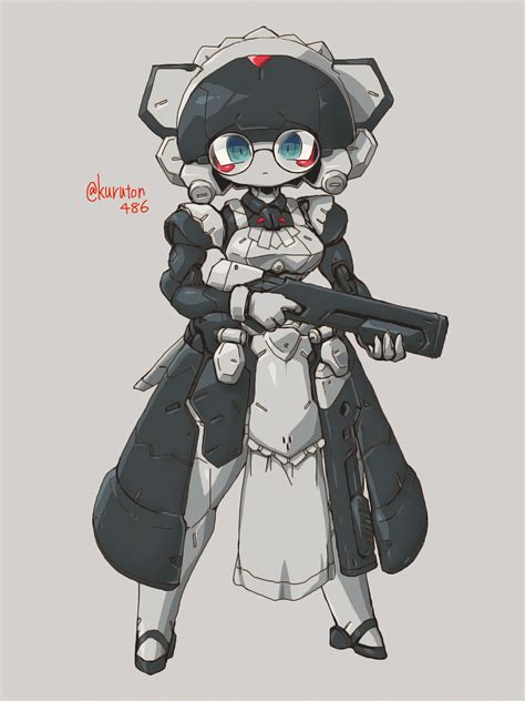 safebooru 1girl android breasts clenched hand glasses gun highres holding holding gun holding