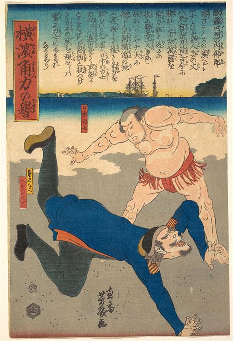 Sumo Wrestler Tossing A Foreigner Painting By Utagawa Yoshiiku Fine