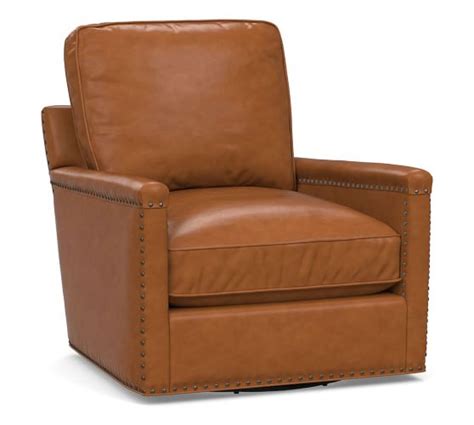 Tyler Square Arm Leather Swivel Armchair With Nailheads Pottery Barn