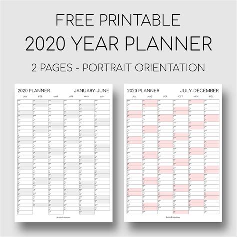 Printable 2020 Year Planner Two Pages Portrait Orientation
