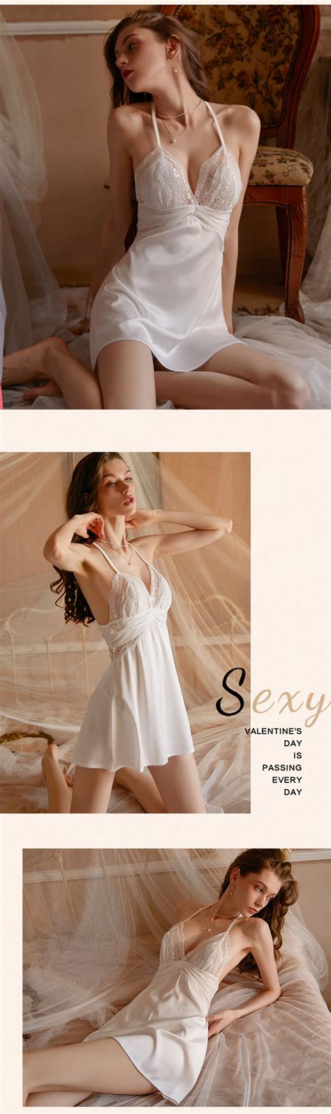 Sexy Feminine Lace Deep V Neck Backless Satin Nightgown Florashe