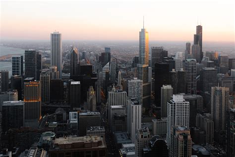 Aerial View Of Downtown Chicago At Dusk Looking South Stock Photo