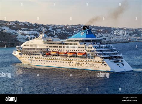 celestyal cruises cruise ship celestyal crystal at mykonos town on island mykonos in the