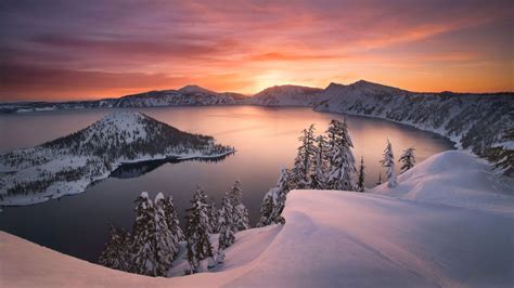 Crater Lake Oregon Usa Sunset Winter Landscape Photography