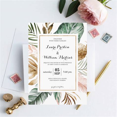 Watercolor Tropical Leaves Calligraphy Script Wedding Invitation Do