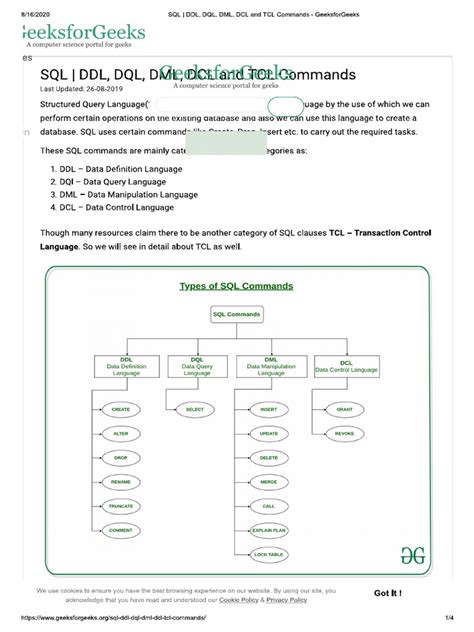 Sql Ddl Dql Dml Dcl And Tcl Commands Geeksforgeeks Pdf