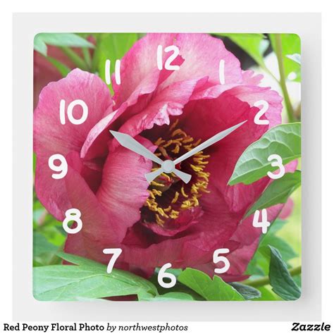 Red Tree Peony Bloom Floral Square Wall Clock Zazzle Square Wall