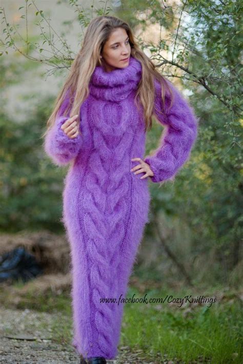 hand knitted mohair turtleneck sweater dress lilac lavender mock thick fluffy handmade mohair