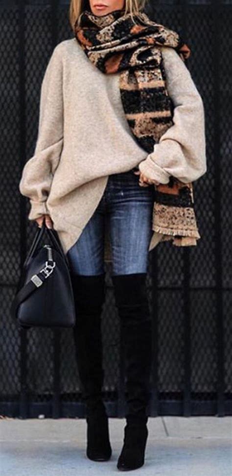 Amazing Outfit For This Winter Scarf Oversized Sweater Bag Skinnies Over Knee Boots
