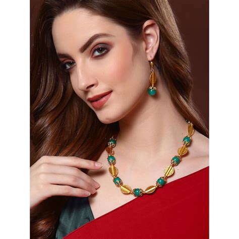 Panash Turquoise Green Gold Plated Leaf Shaped Handcrafted Jewellery