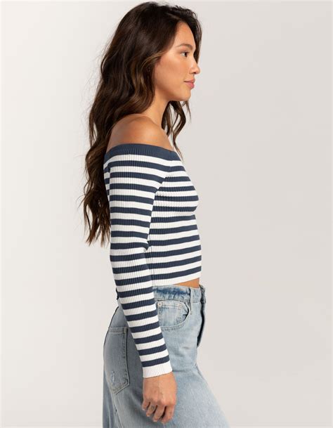 Rsq Womens Stripe Off The Shoulder Long Sleeve Top Cream Combo Tillys