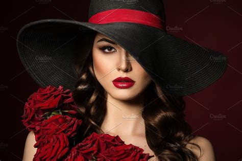 Woman With Red Roses In Hat By Vladimir Popovich On Creativemarket Girl With Hat Photography