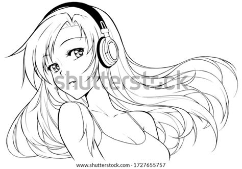 Beautiful Anime Girl Headphones Listening Music Stock Illustration