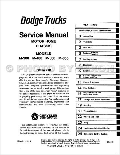 1978 1982 Dodge Motor Home Chassis Repair Shop Manual Reprint M 300 M