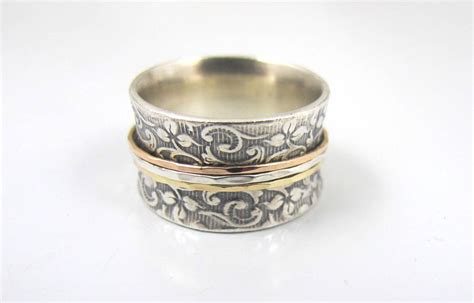 Wide Cigar Band Spinner Ring 14k Tri Color Gold Oxidized Sterling