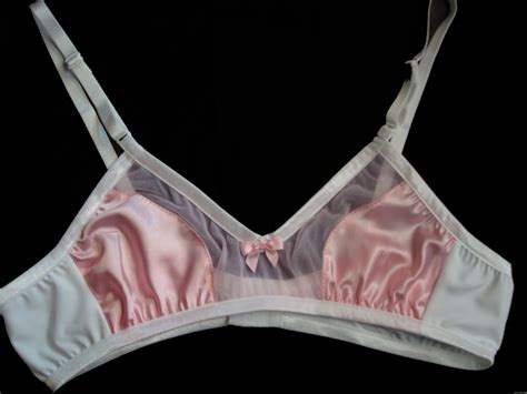 adult sissy handmade pink satin w sheer front cross dresser bra for men will fit cups from aa