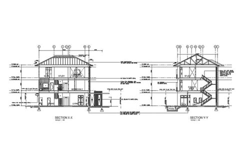 Three Story Bungalow Section X X And Section Y Y Details Dwg File
