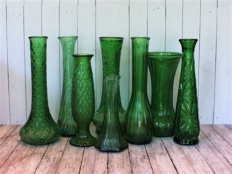 Vintage Green Glass Vase Set Of 8 Diamond Star Floral Pattern All