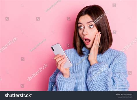 Portrait Attractive Stunned Girl Using Gadget Stock Photo 2090263507