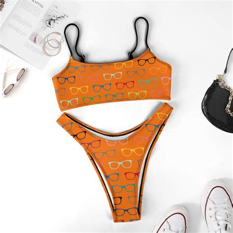 Multi Color Eyeglasses Women Reversible Bandeau Top High Cut Swimsuit Two Piece Bikini Set