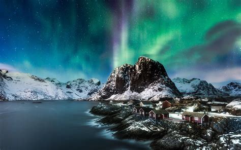 Download Lofoten Reine Village Mountain Norway Sky Light Nature Aurora