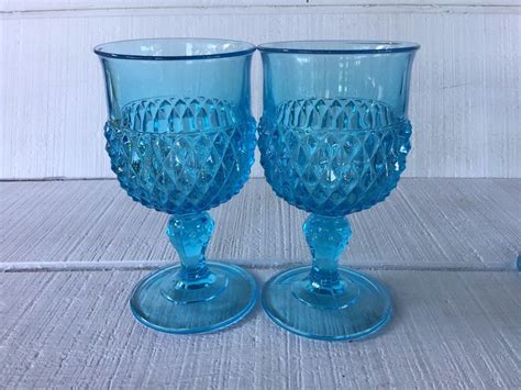 2 Vintage Water Goblets Indiana Glass Regal Blue Crystal Water Goblet Diamond Point Water Goblet