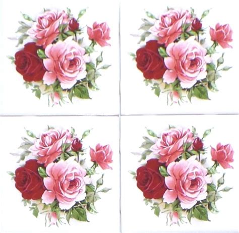 Rose Flower Bouquet Kiln Fired Ceramic Tile Backsplash Set Of 4
