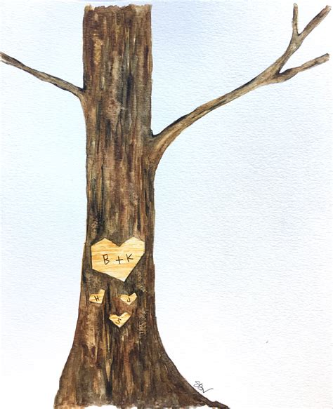 Custom Watercolor Tree With Initials Carved In Heart Etsy
